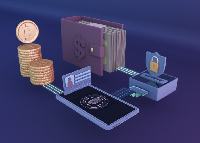 A digital wallet with a secure padlock, representing safe cryptocurrency storage and protection against cyber threats.