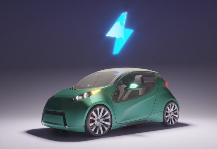 A sleek electric car parked under a blue sky, with charging cables plugged in at a modern EV charging station, symbolizing the future of sustainable transportation.