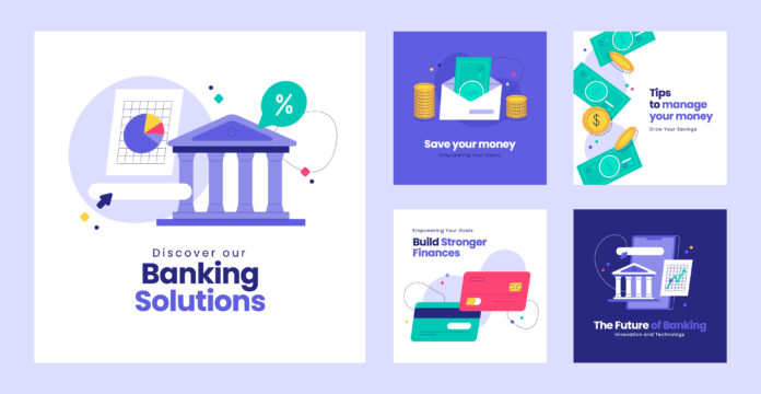 A futuristic digital banking interface showcasing AI-driven financial solutions, biometric authentication, and blockchain security for online banking in 2025.